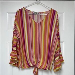 DAVI & DANI Pink and Yellow Striped V-Neck Blouse